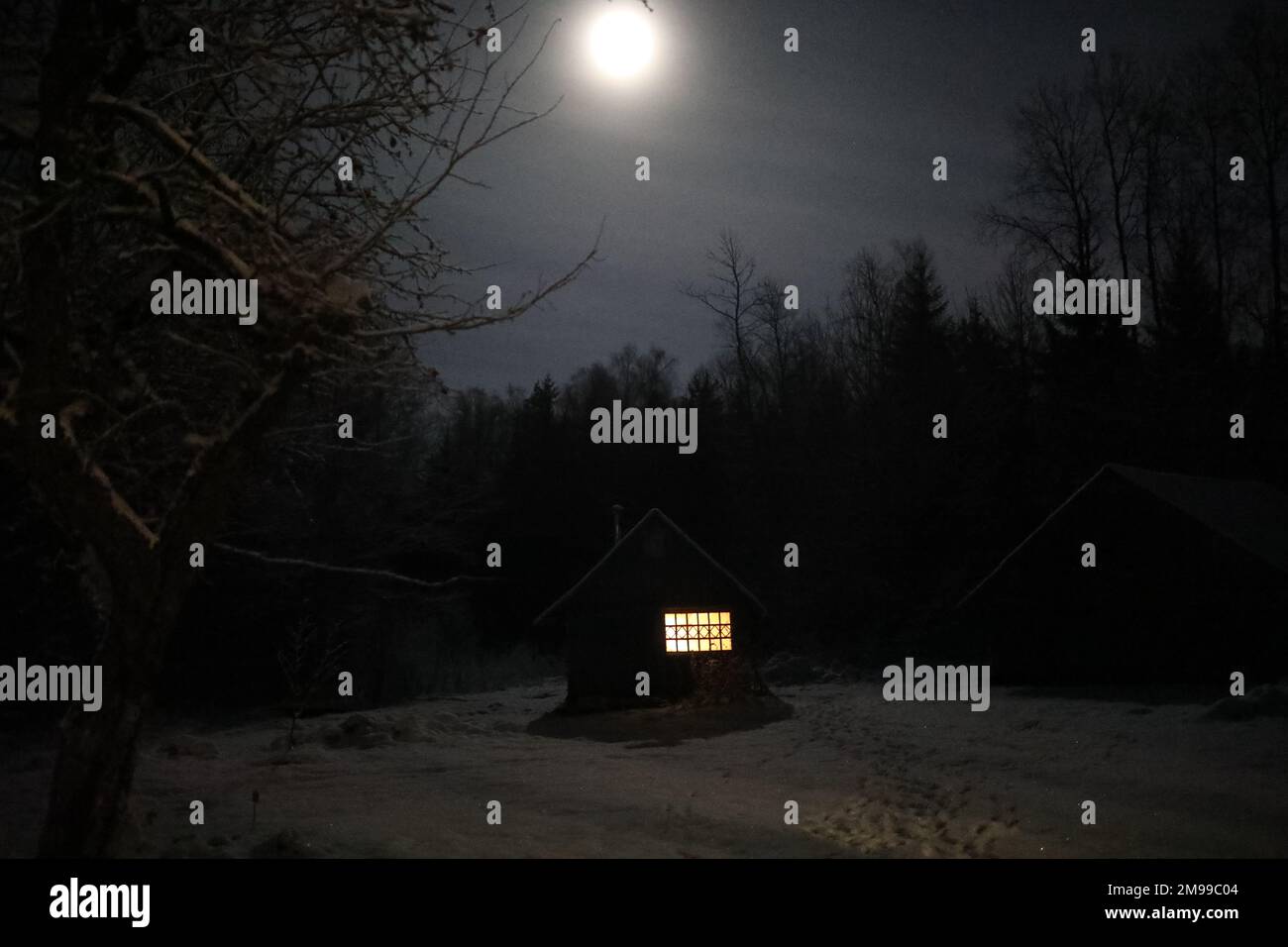 Paesaggio con casa di notte sotto cielo scuro con luna piena. Paesaggio spettrale con casa di notte. Foto Stock