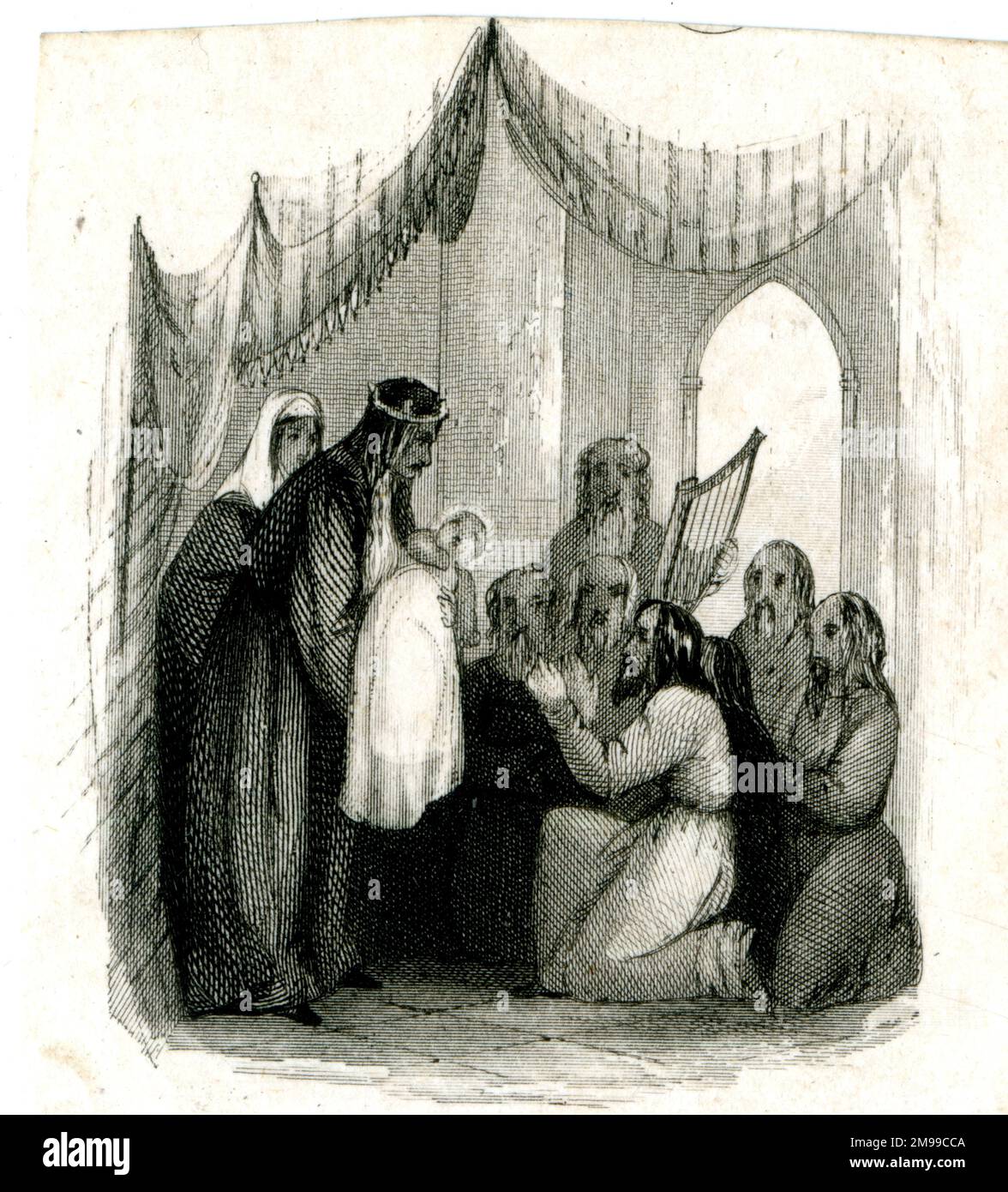 Re Edoardo i d'Inghilterra presenta suo figlio Edoardo, nato a Caernarfon Castle nel 1284, come primo Principe inglese del Galles. Foto Stock