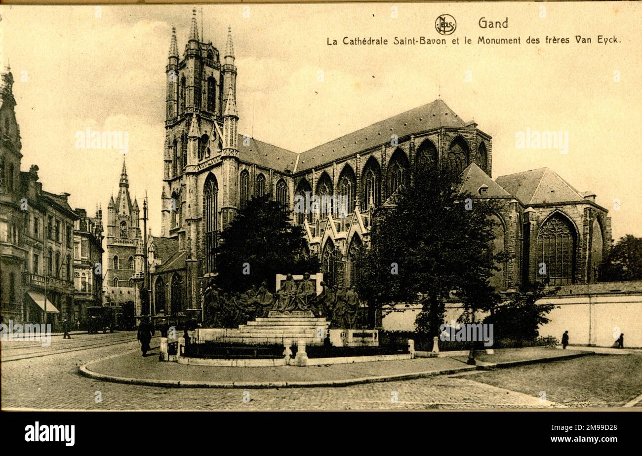 Cattedrale di San Bavo e Monumento a Hubert e Jan van Eyck, Gand, Belgio. Foto Stock