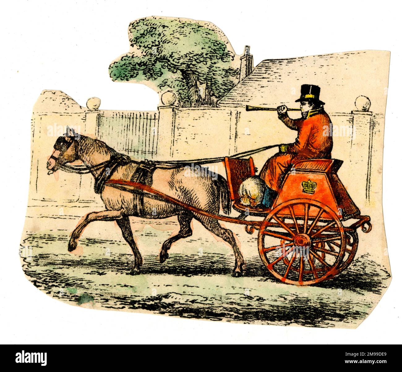 Postino con tromba, cavallo e carretto. Foto Stock