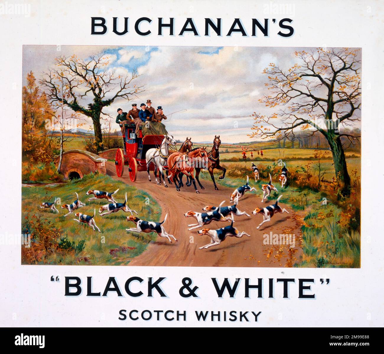 Showcard pubblicitaria, Stagecoach, Whisky scozzese bianco e nero di Buchanan. Foto Stock