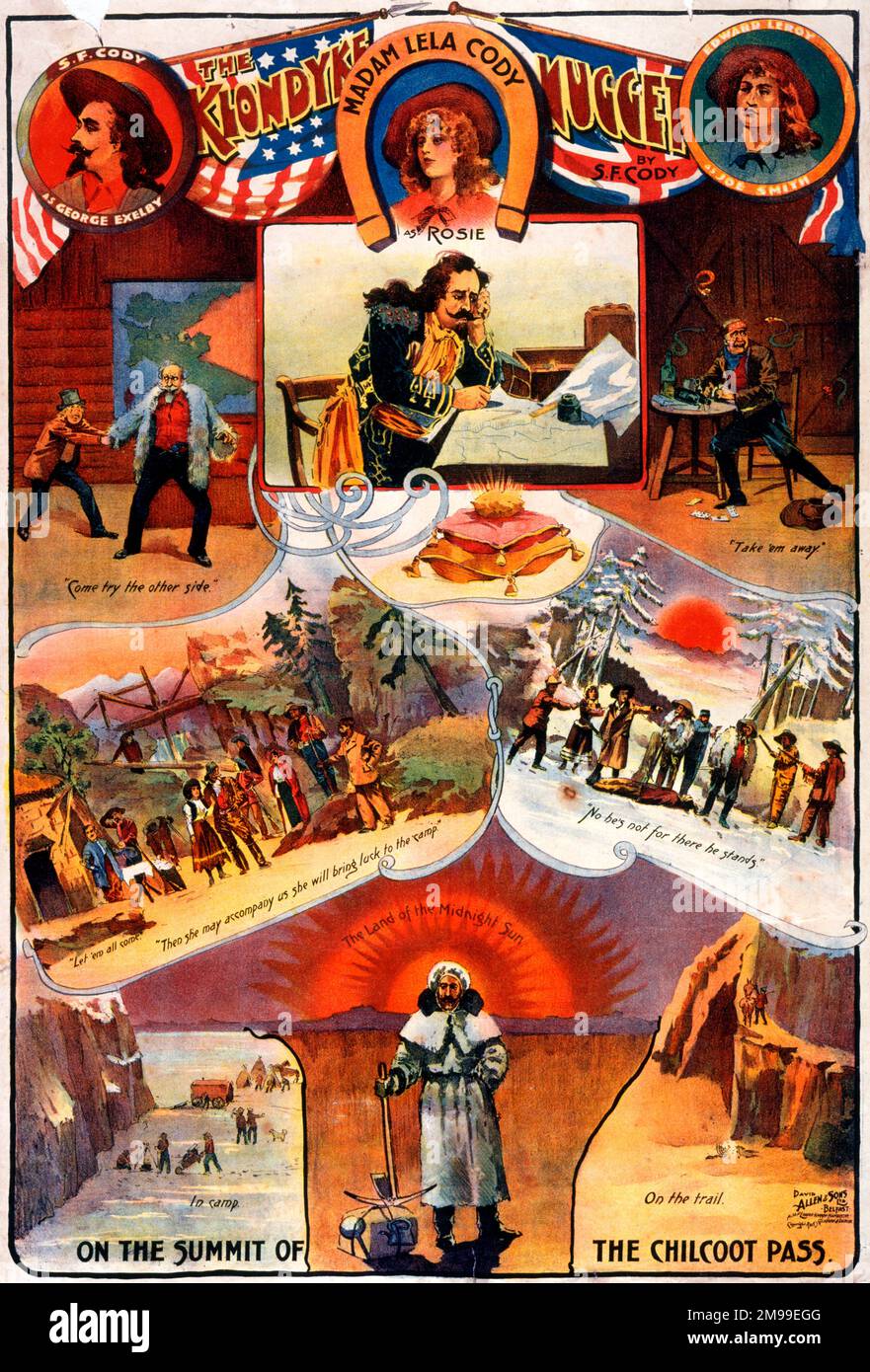 Poster del teatro, il Klondyke Nugget di S F Cody, che mostra una serie di scene di questo gioco sulla Klondyke Gold Rush. Foto Stock