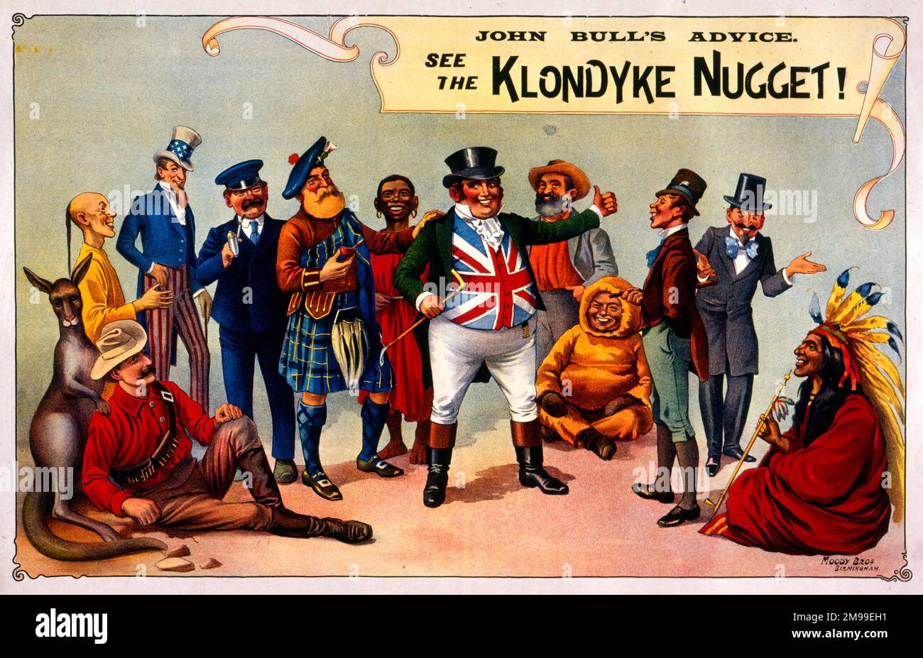 Poster del teatro, il Klondyke Nugget, un'opera di S F Cody, che mostra John Bull circondato da coloro che hanno trovato l'oro nel Klondyke Gold Rush. Foto Stock