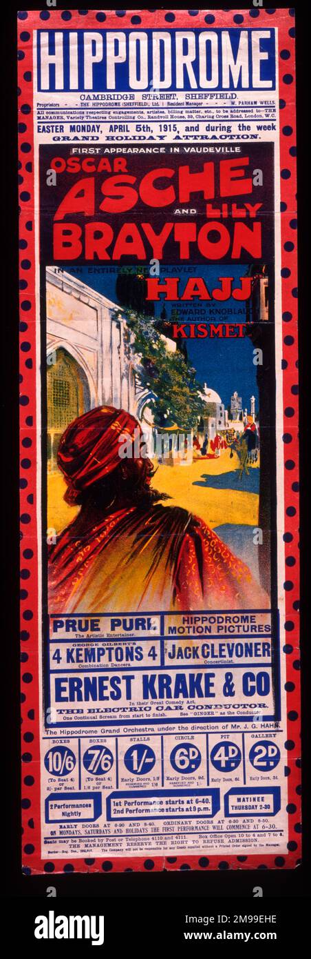Poster del teatro, Hippodrome, Oscar Asche e Lily Brayton a Hajj. Foto Stock
