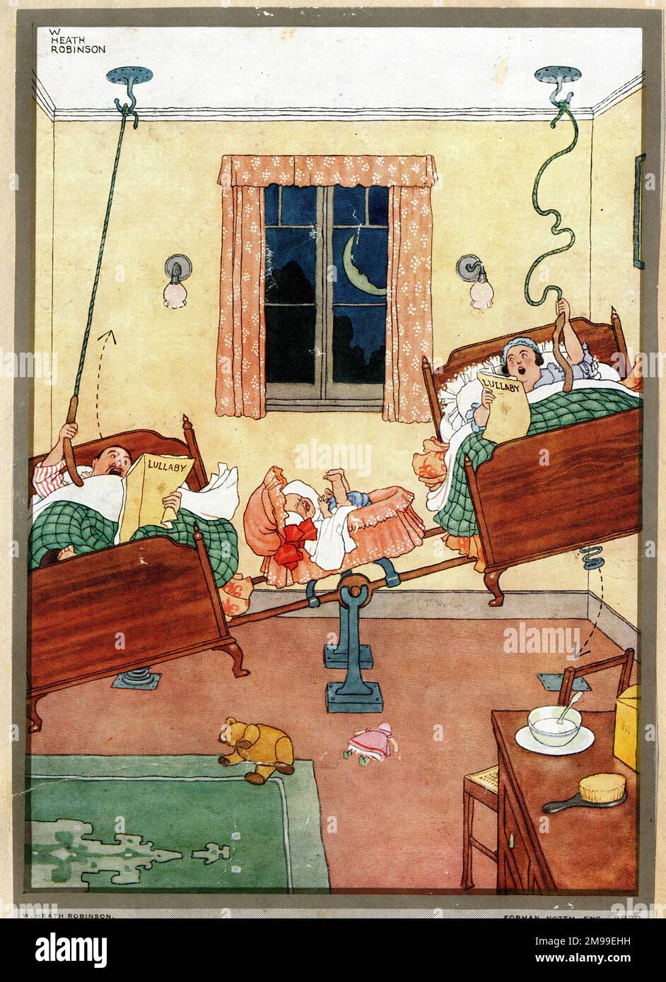 W Heath Robinson - il letto di Lninnaby, per salvare uscire dal letto per rock bambino quando è fastidioso di notte. Foto Stock
