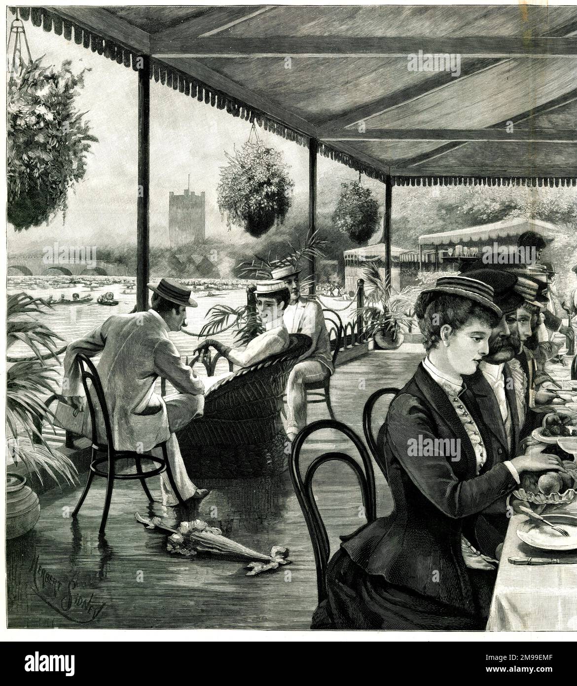 Un pranzo a bordo di una casa galleggiante a Henley-on-Thames. Foto Stock