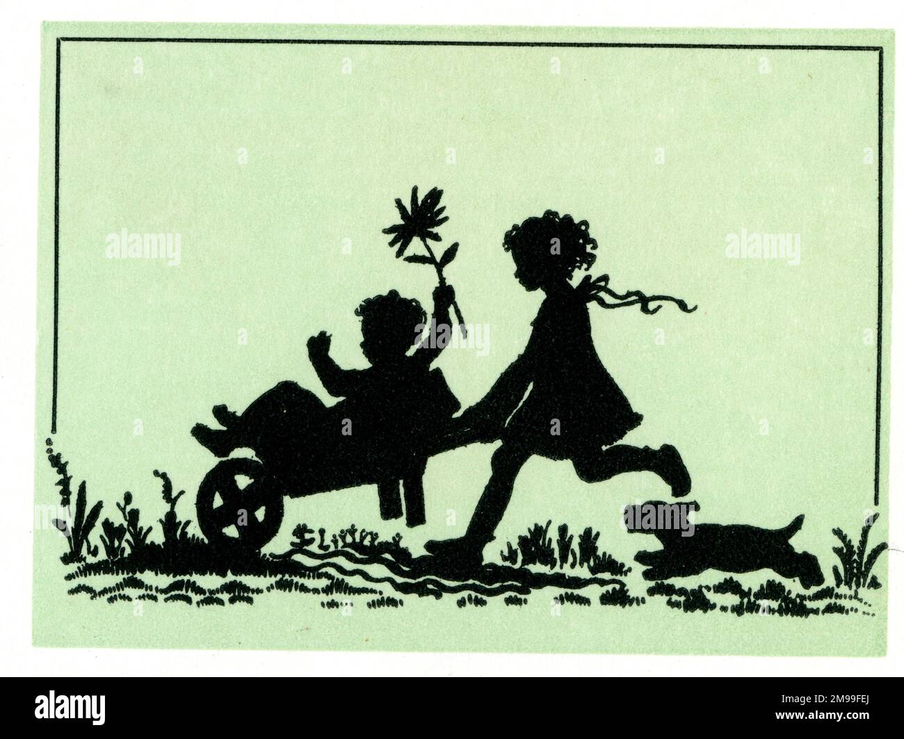 Silhouette, Un carrido di felicità, ragazza che spinge il fratello in una carriola. Foto Stock