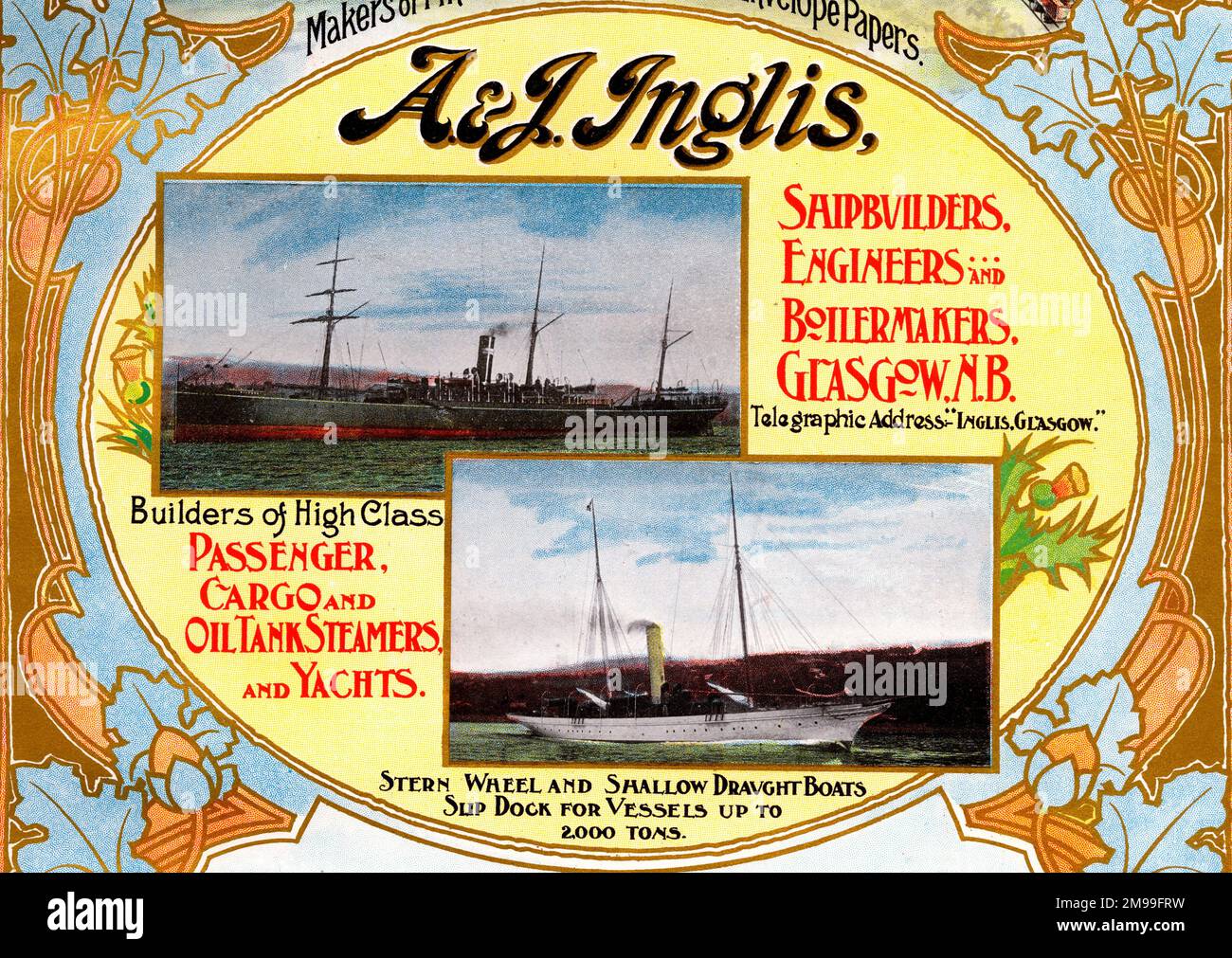 Pubblicità per A & J Inglis, Steamer e Yacht Shipbuilders, Glasgow, Scozia. Foto Stock