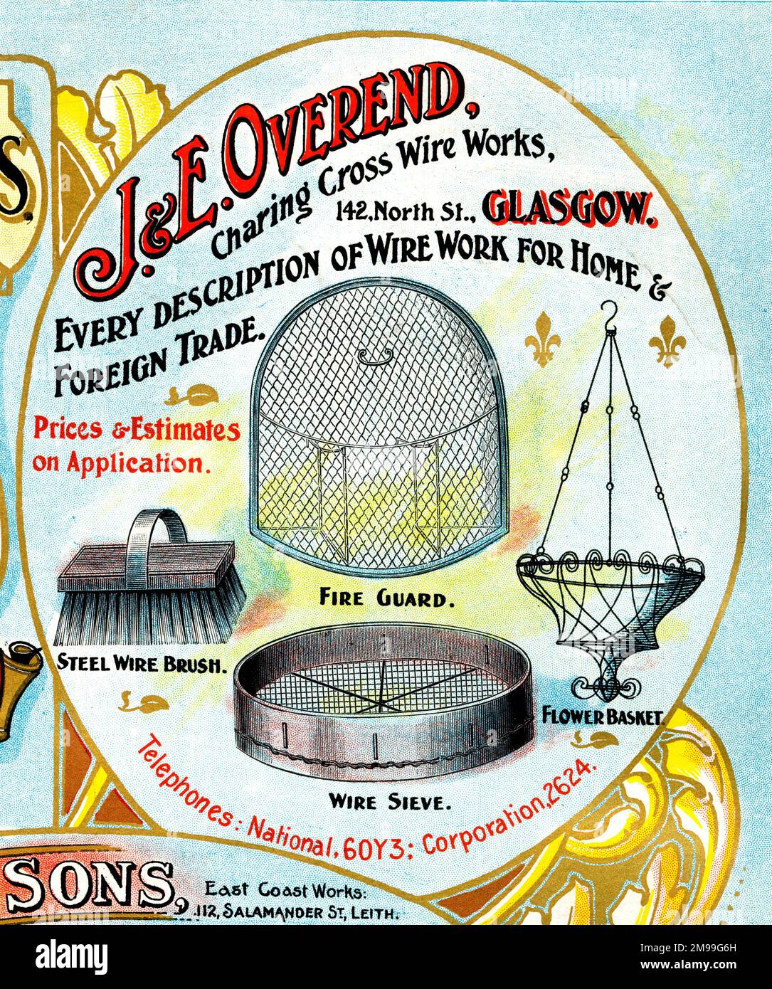 Annuncio per J & e Overend, Charing Cross Wire Works, North Street, Glasgow, Scozia, produttori di prodotti a filo di ogni descrizione. Foto Stock