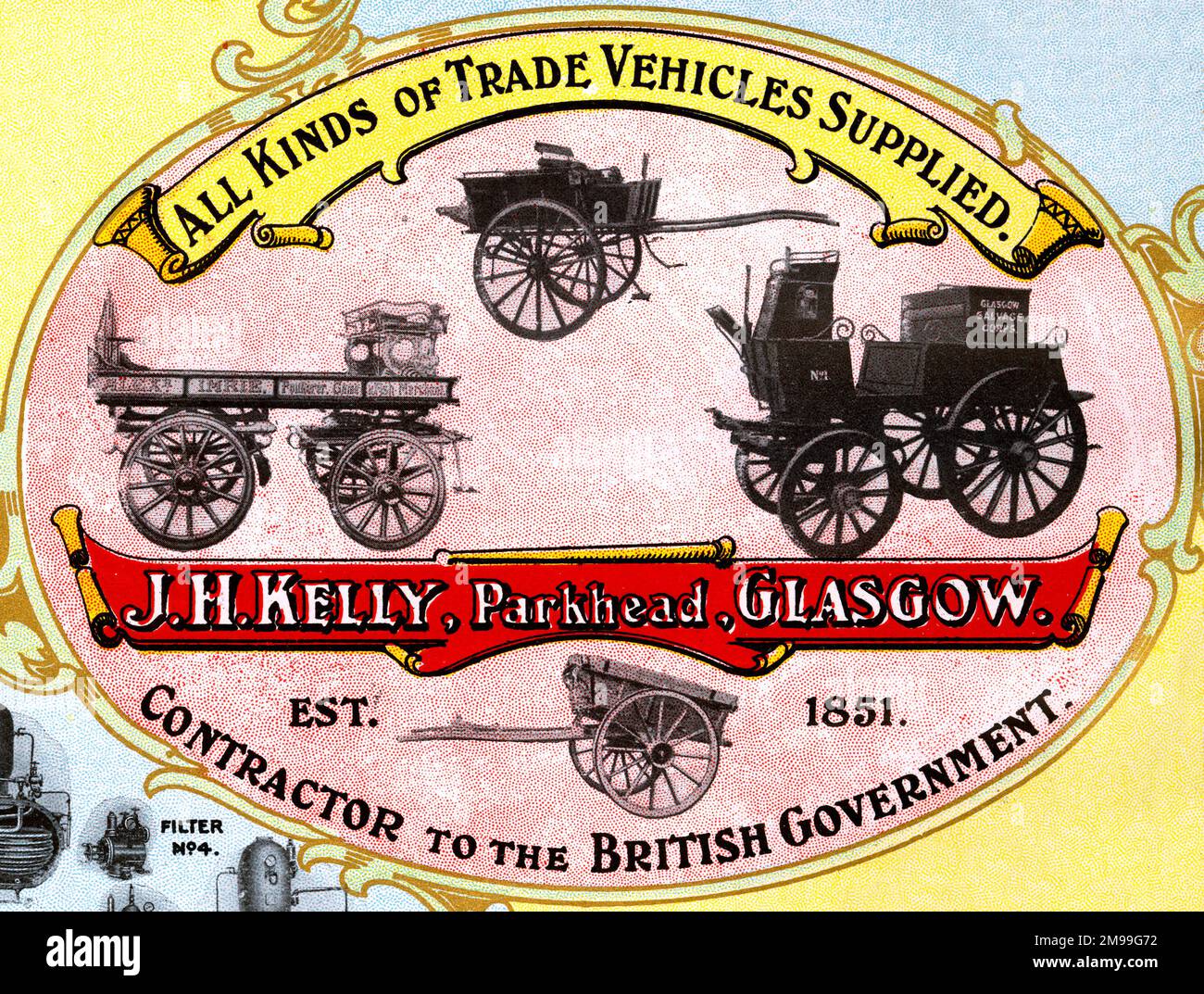 Pubblicità per JH Kelly, veicoli commerciali e carrelli, Parkhead, Glasgow, Scozia, appaltatore del governo britannico. Foto Stock