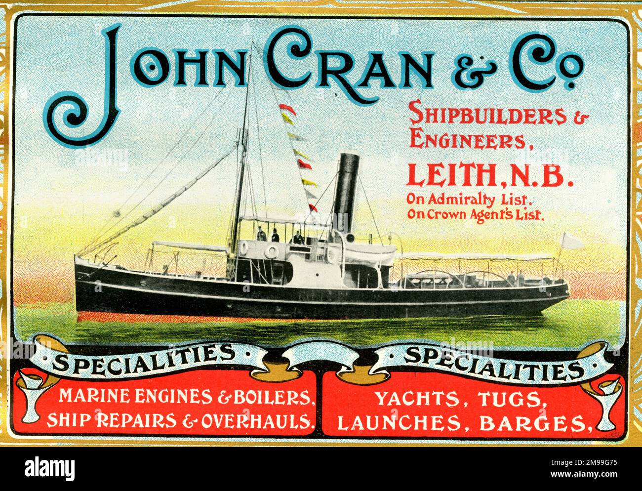 Pubblicità per John Cran & Co, costruttori di navi e ingegneri, Leith, Scozia. Foto Stock