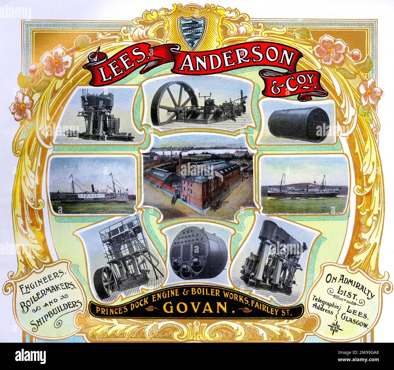 Pubblicità per Lees, Anderson & Co, ingegneri, boilermakers e costruttori di navi, Fairley Street, Govan, Scozia. Foto Stock