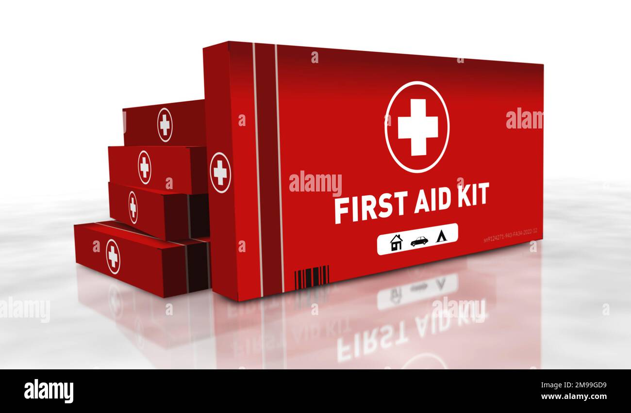 Linea di produzione kit di pronto soccorso e cassetta di emergenza. Soccorso medico emergenza help pack fabbrica. Illustrazione del rendering del concetto astratto 3D. Foto Stock