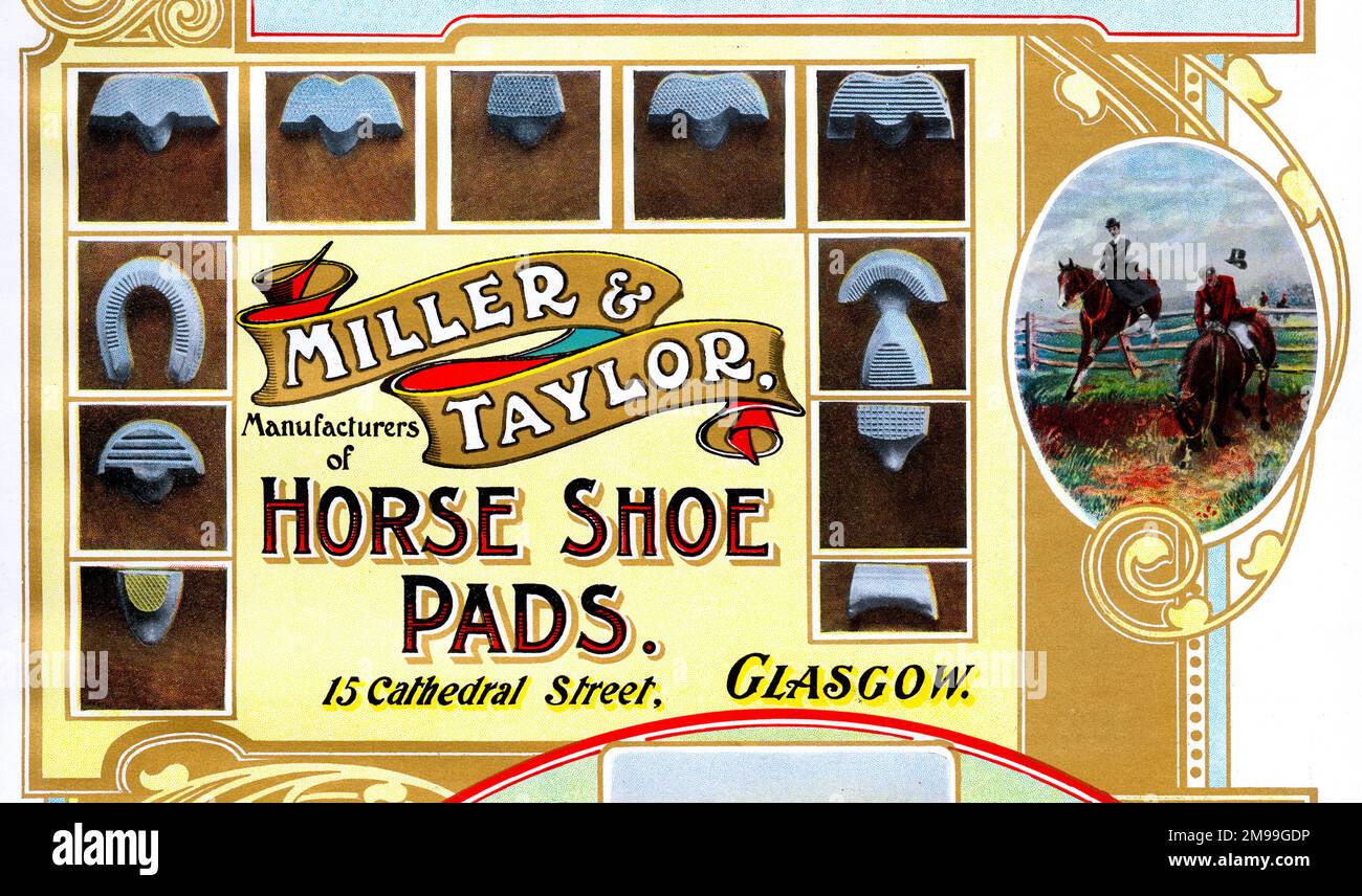 Pubblicità per Miller & Taylor, Produttori di pattini a cavallo, Cathedral Street, Glasgow, Scozia. Foto Stock