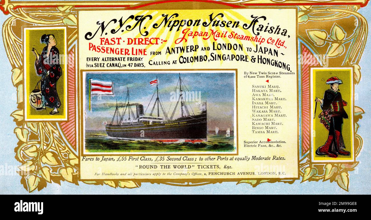 Pubblicità per NYK, Nippon Yusen Kaisha, Japan Mail Steamship Co Ltd, Passenger Line. Foto Stock