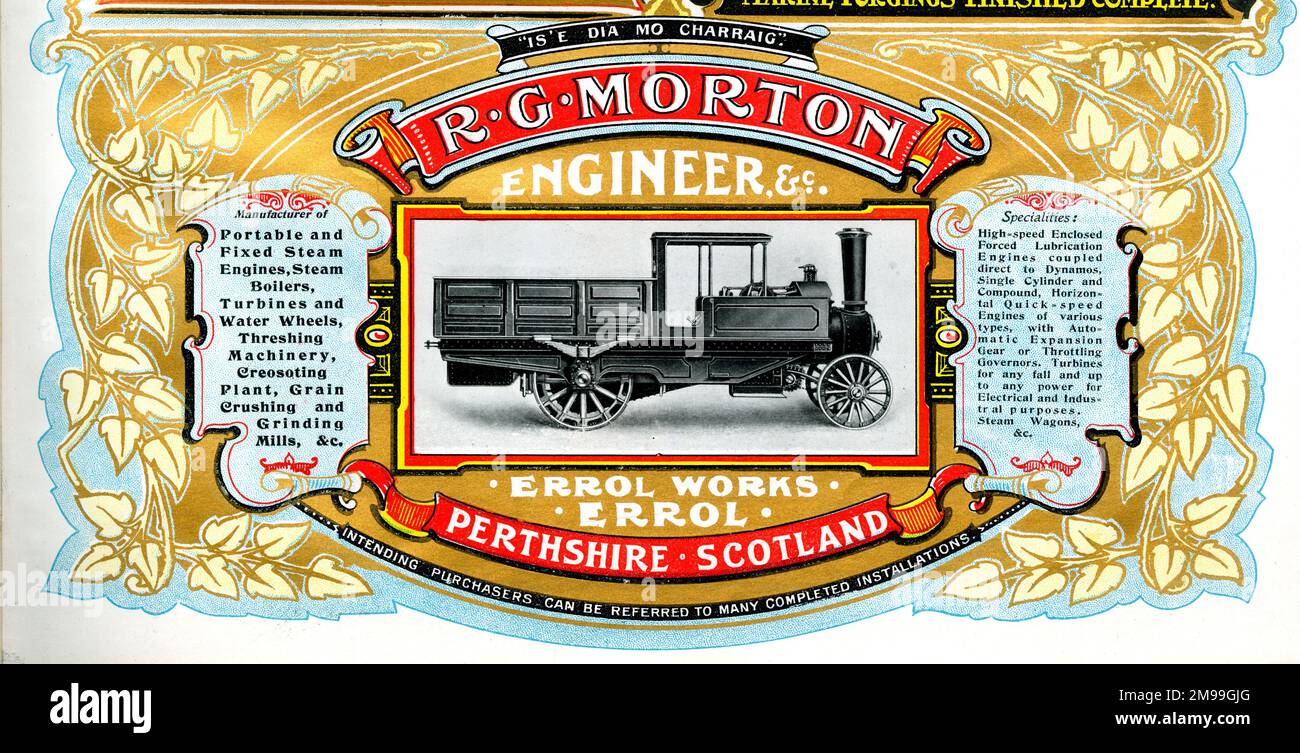 Pubblicità per R G Morton, Steam Truck Engineers, Errol Works, Errol, Perthshire, Scozia. Foto Stock