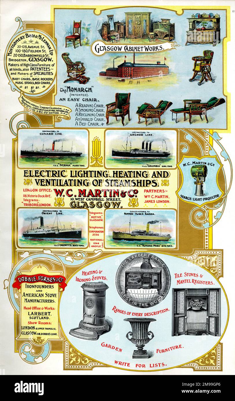 Annunci pubblicitari per Glasgow Cabinet Works, W C Martin & Co, e Dobbie, Forbes & Co, Scozia. Foto Stock