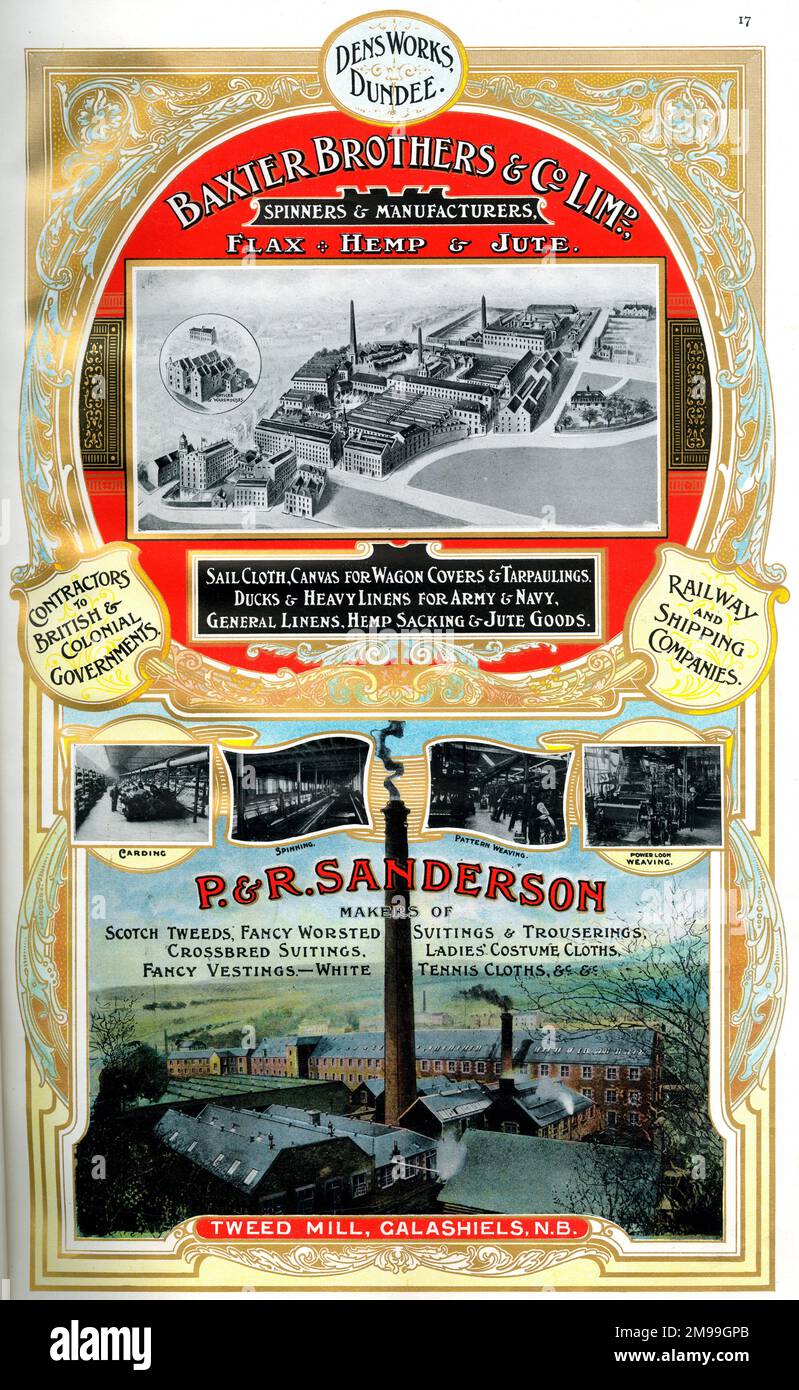 Annunci pubblicitari per Baxter Brothers & Co Ltd, Spinners and Manufacturers, Dens Works, Dundee, e P & R Sanderson, Tweed Mill, Galashiels, Scozia. Foto Stock