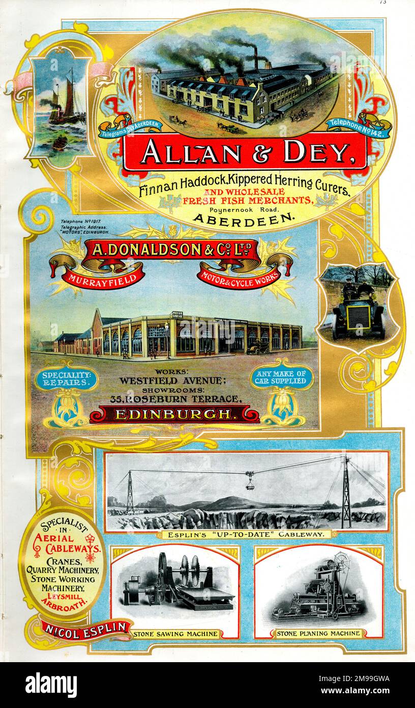 Annunci pubblicitari per Allan & Dey, Fish Merchants, Aberdeen, A Donaldson & Co Ltd, Motor and Cycle Works, Edinburgh, e Nicolò Esplin, Produttori di macchinari, Arbroath, Scozia. Foto Stock