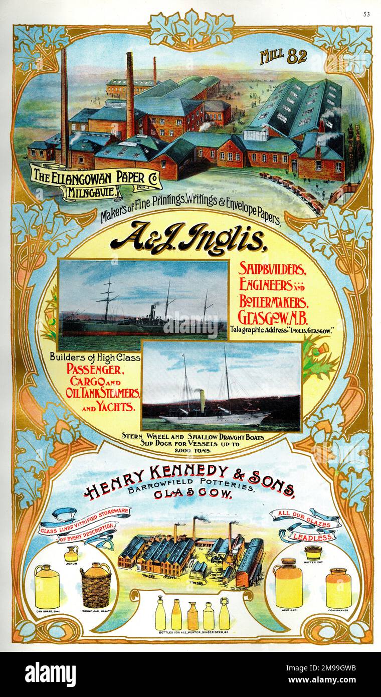 Annunci pubblicitari per The Ellangowan Paper Co, Milngavie, A & J Inglis, Shipbuilders and Engineers, Glasgow, e Henry Kennedy & Sons, Barrowfield Potteries, Glasgow, Scozia. Foto Stock