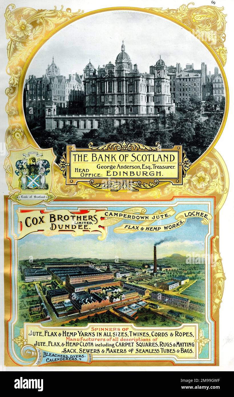 Annunci pubblicitari per la Bank of Scotland, Edinburgh, e Cox Brothers Limited, Jute, Flax and Hemp Works, Dundee, Scotland. Foto Stock