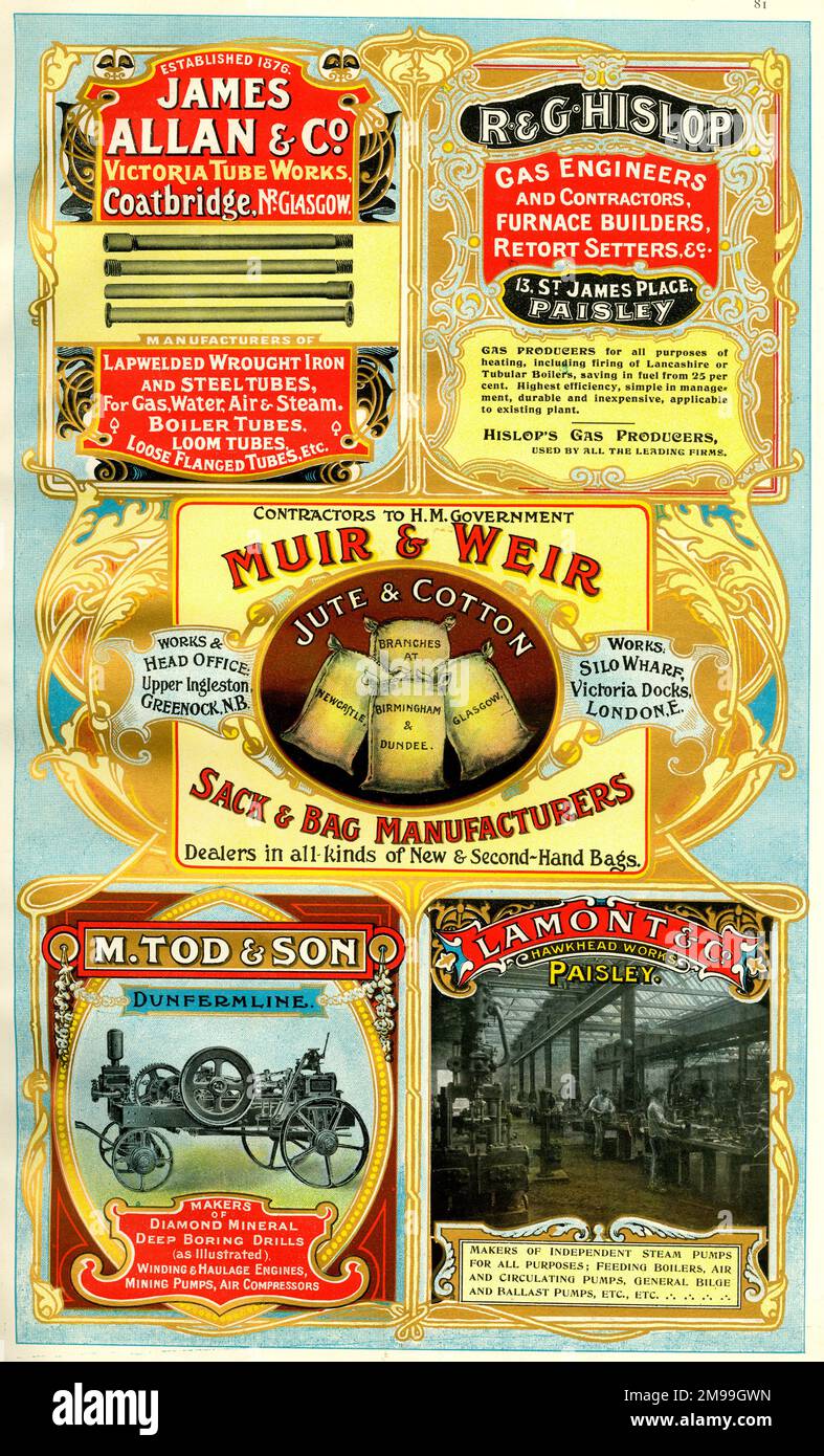 Annunci per James Allan & Co, Victoria Tube Works, Coatbridge, vicino Glasgow, R & G Hislop, gas Engineers, Paisley, Muir & Weir, Jute and Cotton Manufacturers, Greenock, M Tod & Son, Manufacturers, Dunfermline, e Lamont & Co, Paisley, Scozia. Foto Stock
