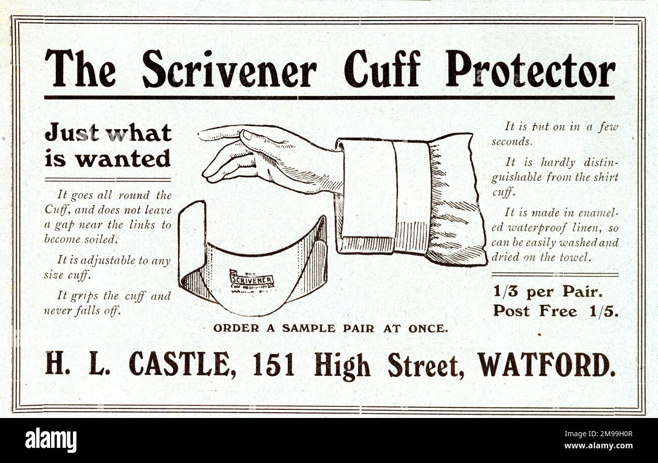 Pubblicità per The Scrivener Cuff Protector, da H L Castle, High Street, Watford. Foto Stock