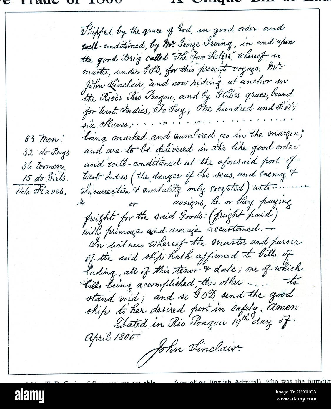 Commercio di schiavi, disegno di legge di sbarco, 19 aprile 1800, carico di 166 schiavi, firmato da John Sinclair. Foto Stock