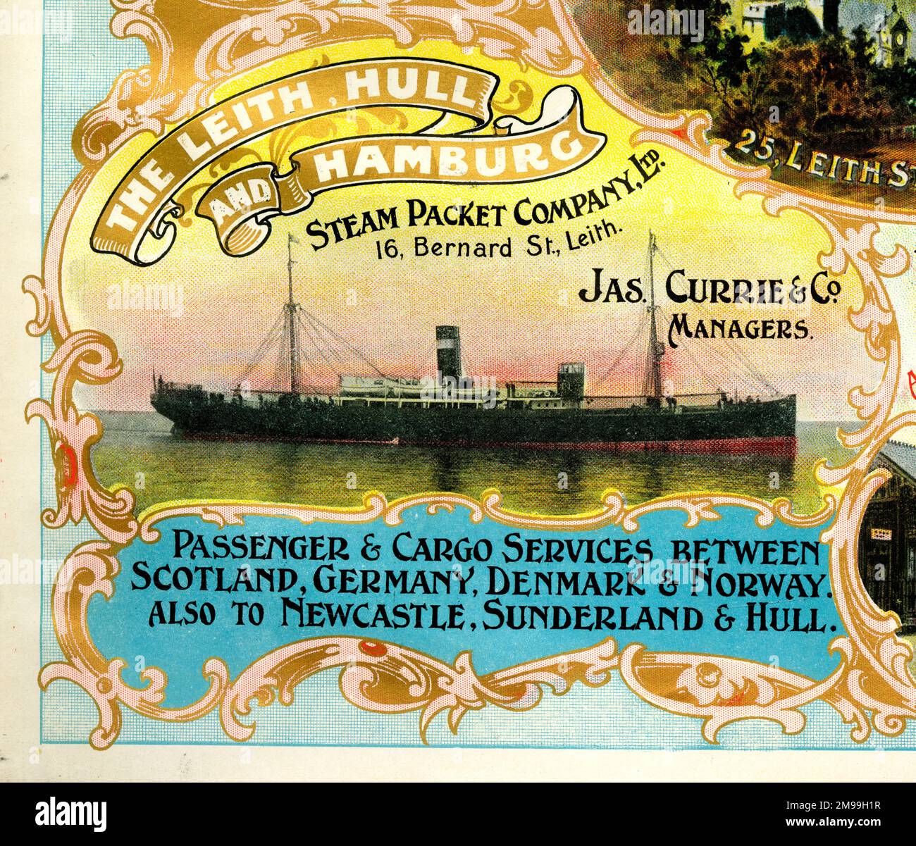 Pubblicità per Leith, Hull e Hamburg Steam Packet Company Ltd, navi passeggeri e merci, Bernard Street, Leith, Scozia. Foto Stock