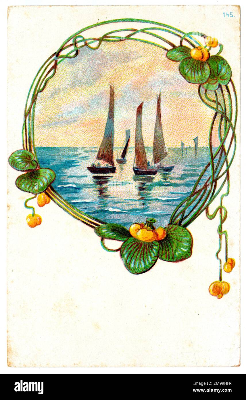 Yacht su un mare tranquillo con bordo circolare in stile art nouveau. Foto Stock