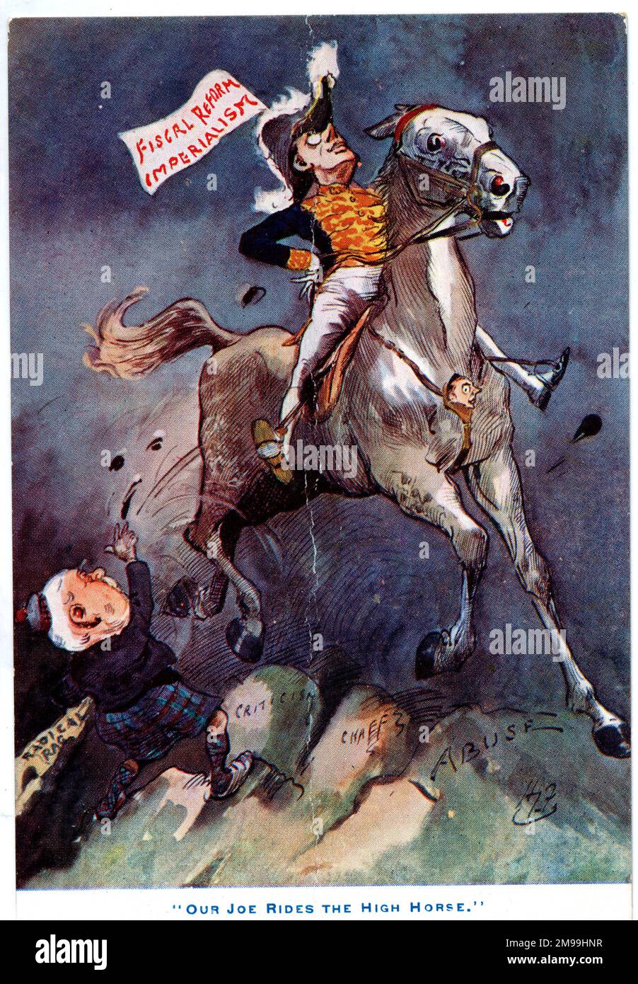 Cartone animato, il nostro Joe cavalca il cavallo alto, mostrando Joseph Chamberlain che batte la bandiera per l'imperialismo e la riforma fiscale, calpestando il suo avversario politico Campbell-Bannerman. Foto Stock