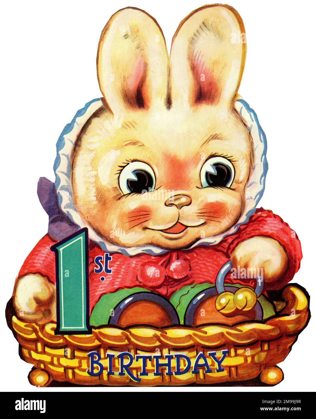1st carta di auguri per il compleanno, coniglio coniglio in vestiti per bambini. Foto Stock