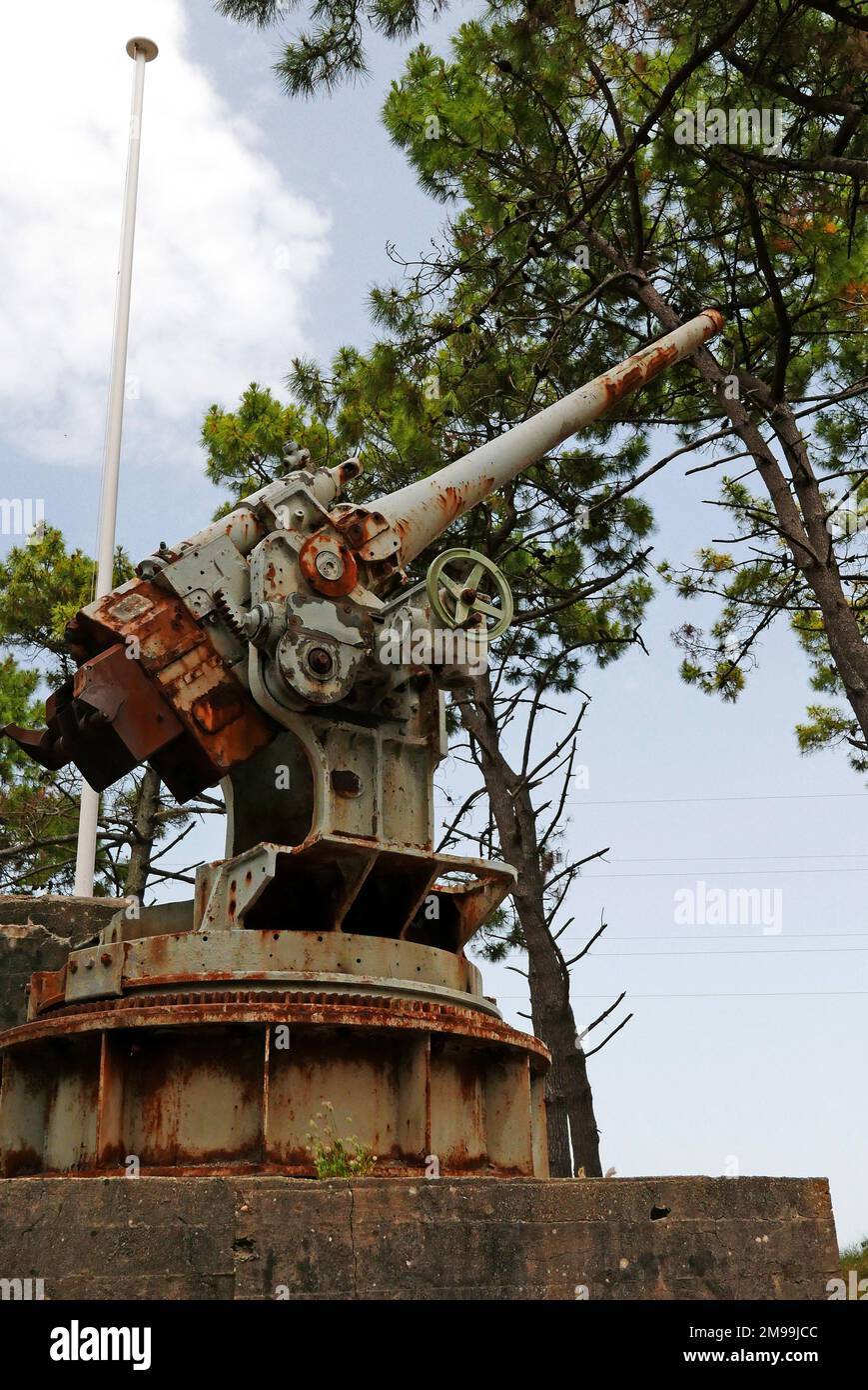 Sito Bego, pistola antiaerea, esposizione Bunker 39-45, Plouharnel, WW II, Morbihan, Bretagna, Francia, Europa Foto Stock