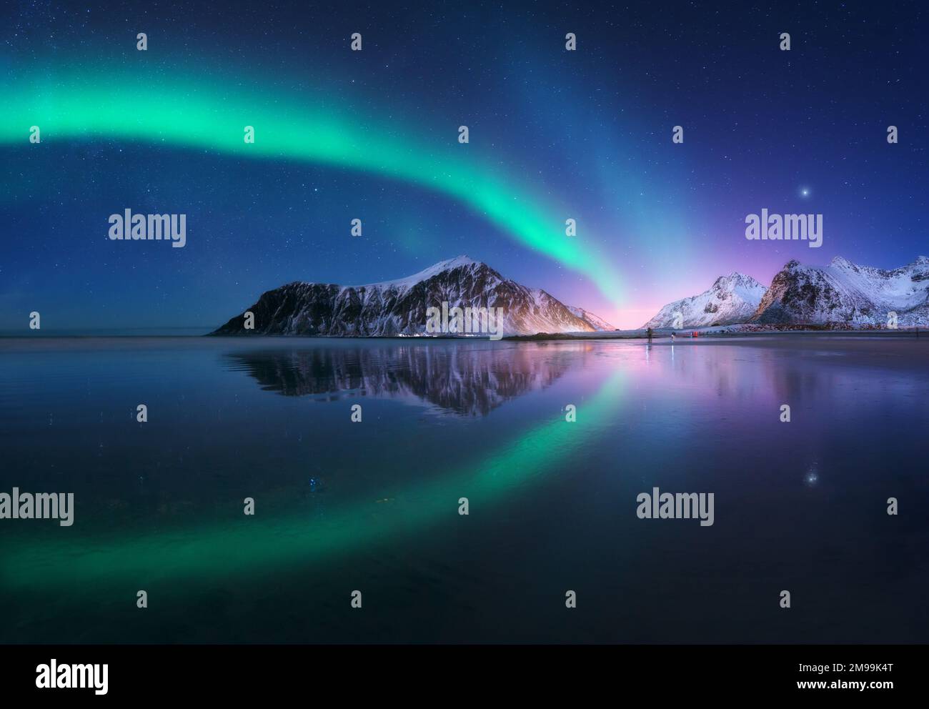 Aurora borealis sopra la spiaggia nelle isole Lofoten, Norvegia Foto Stock