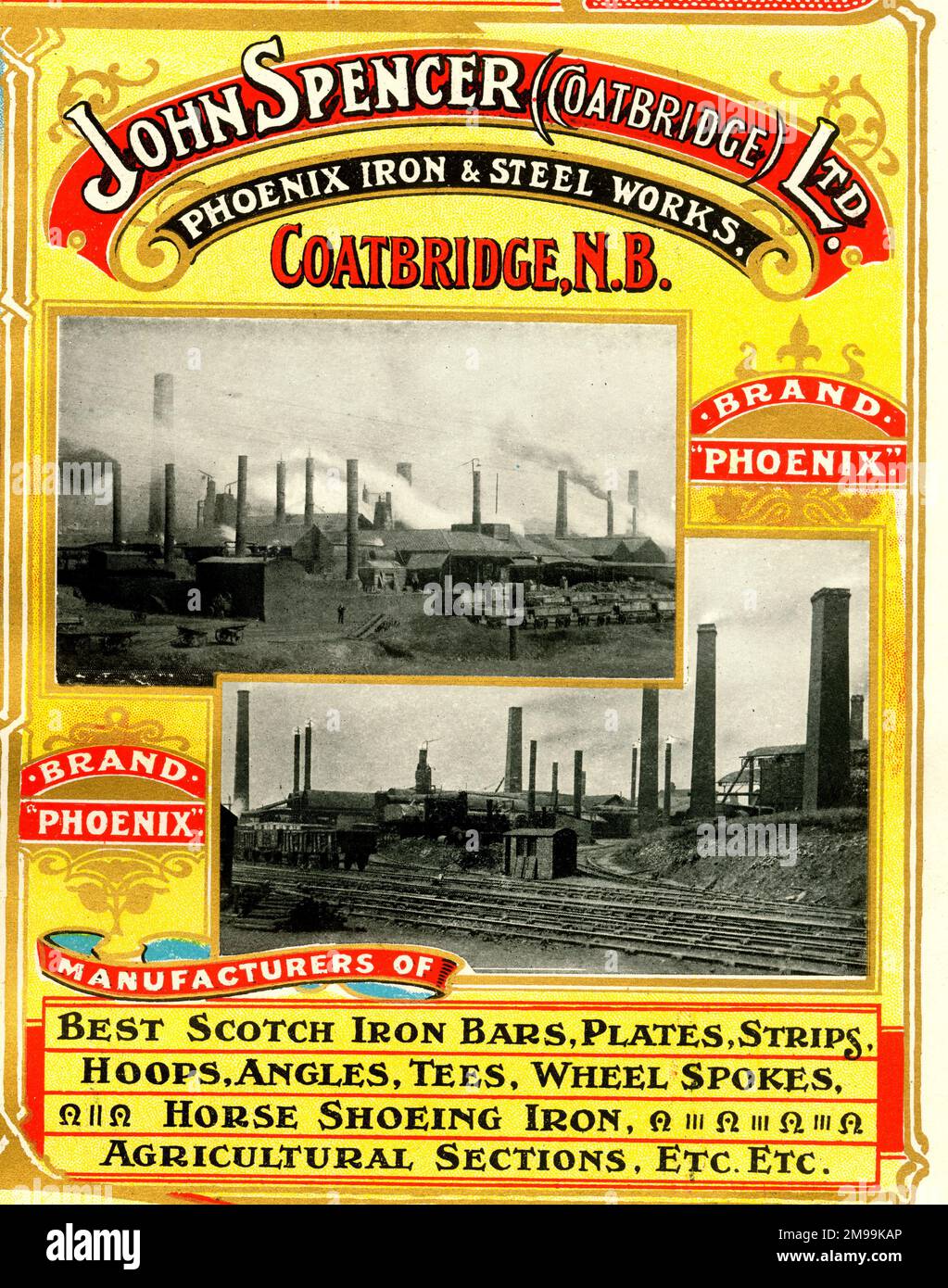 Pubblicità per John Spencer (Coatbridge) Ltd, Phoenix Iron & Steel Works, Coatbridge, Scozia. Foto Stock