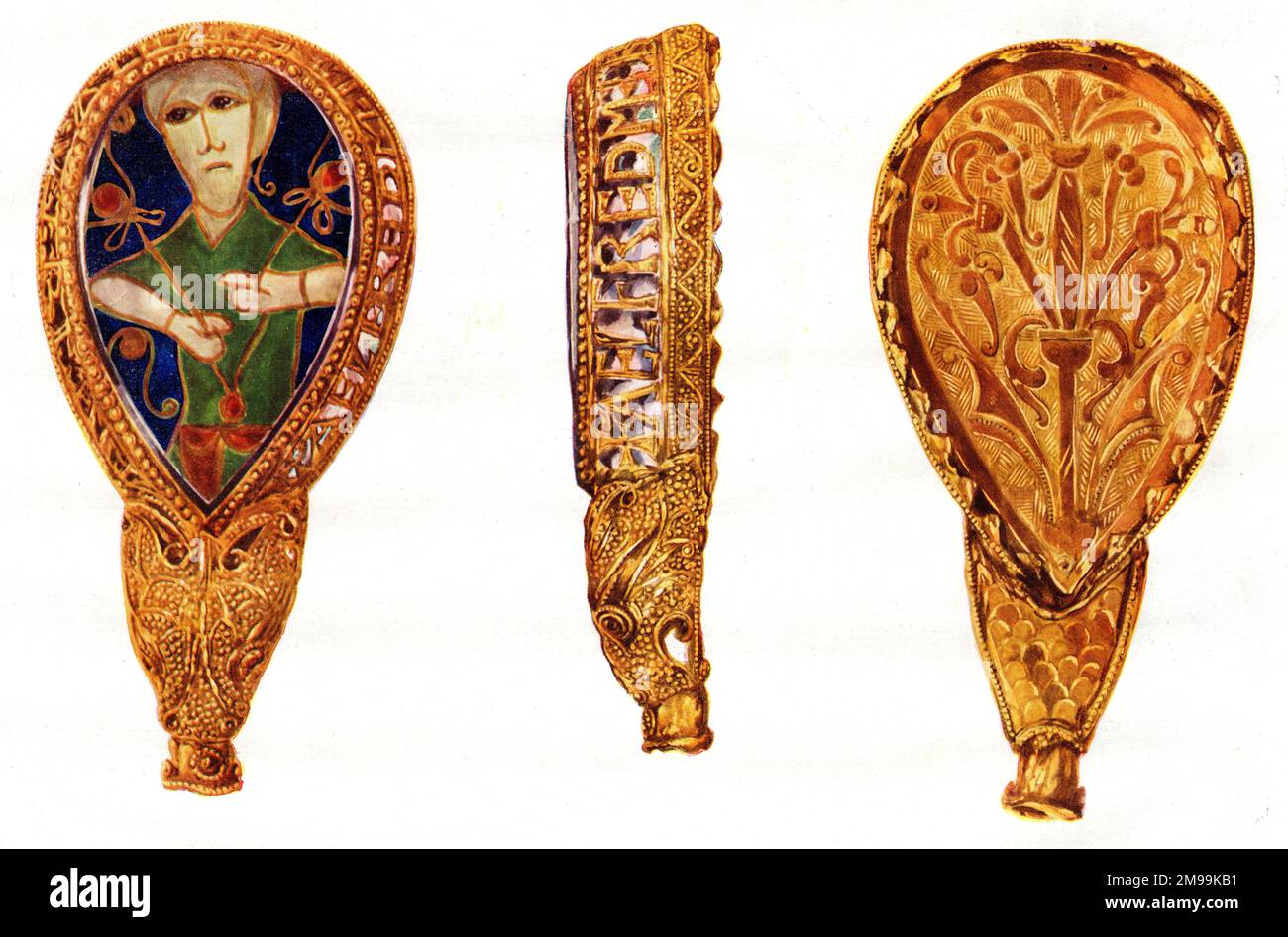 Il Re Alfred Jewel, realizzato su ordine del Re Alfred il Grande. È stato scoperto nel 1693, a North Petherton, Somerset, ed è ora una famosa mostra presso l'Ashmolean Museum di Oxford. Foto Stock