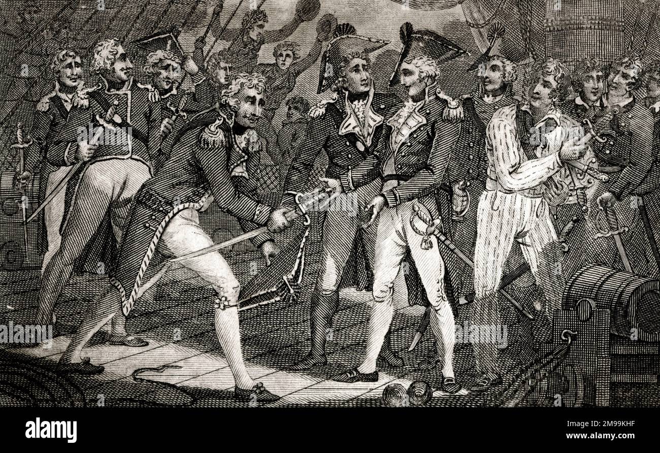 Horatio Nelson riceve le spade degli spagnoli sconfiti a bordo del San Josef catturato (San Jose) durante la Battaglia di Capo San Vincenzo, 14 febbraio 1797. Foto Stock