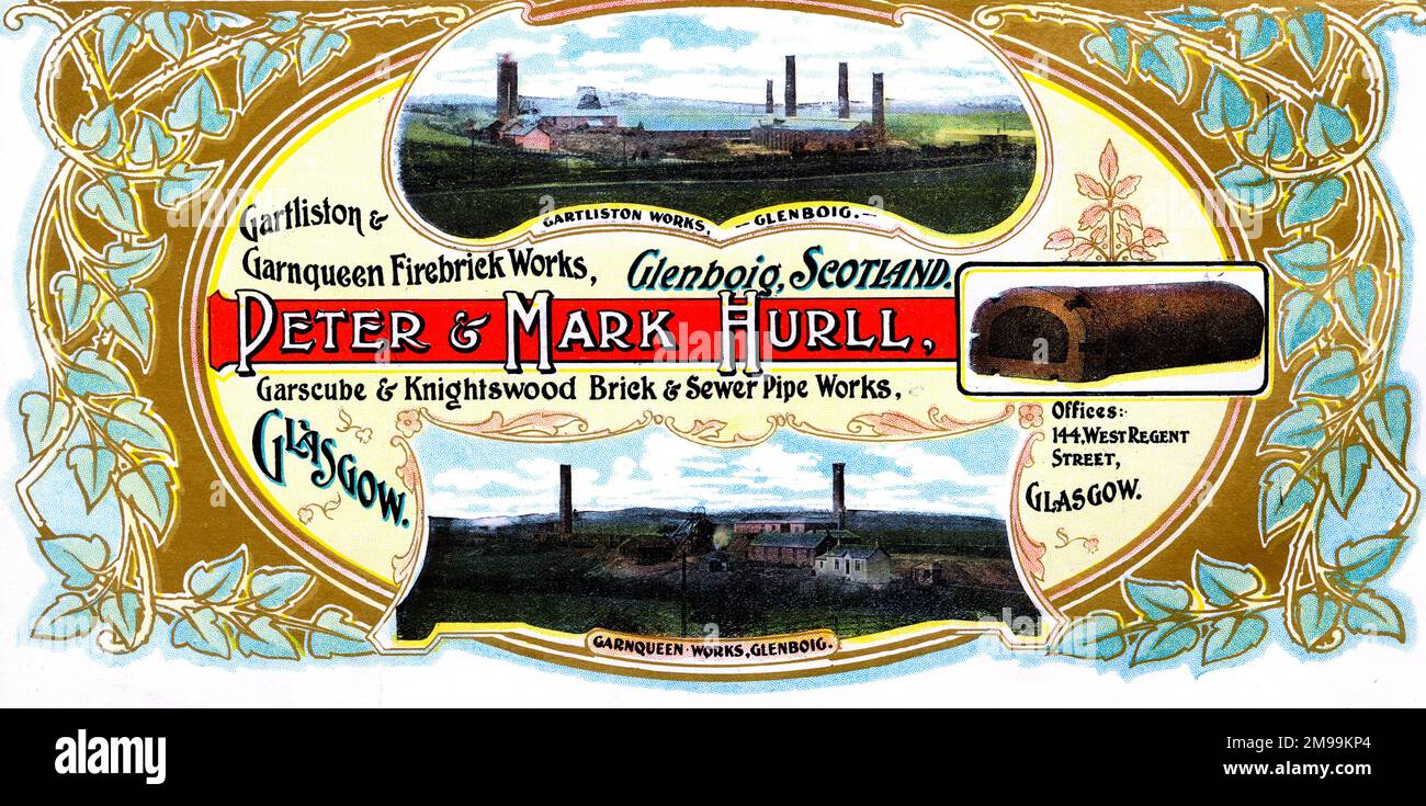 Pubblicità per Peter & Mark Hurll, Brick and Sewer Pipe Works, Glenboig e Glasgow, Scozia. Foto Stock