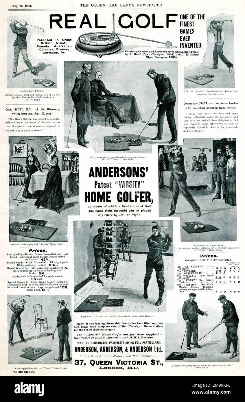 Advert for Real Golf, Andersons' Patent Varsity Home golfer, Queen Victoria Street, London EC. Foto Stock