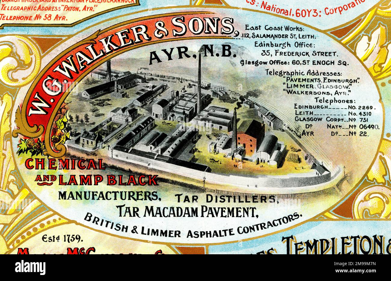 Annuncio per W G Walker & Sons, Chemical and Lamp Black Manufacturers, Ayr, Scozia. Foto Stock