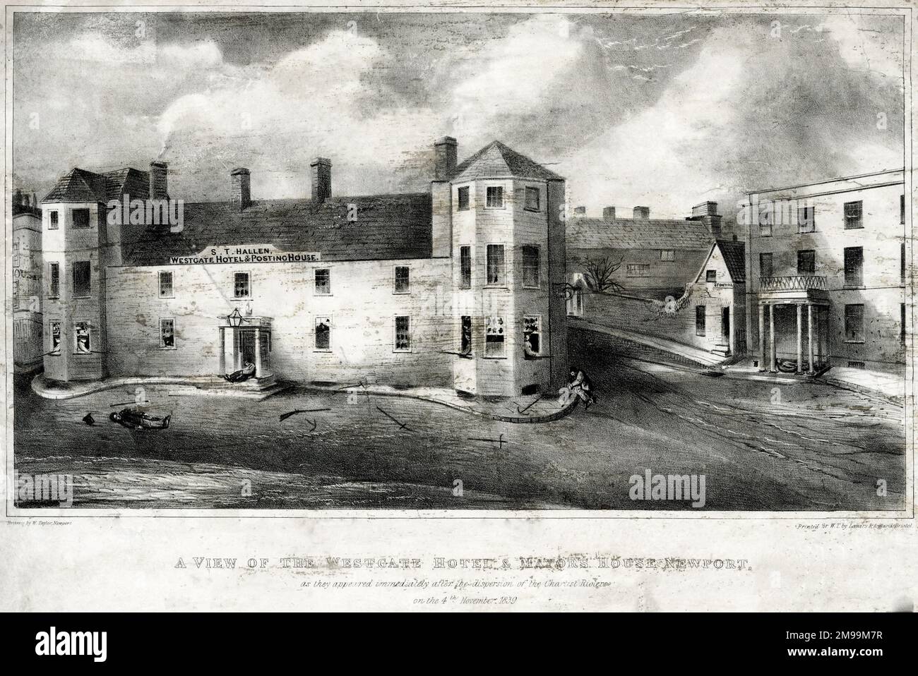 Westgate Hotel e Mayor's House. Newport, Monmouthshire, Galles, dopo il Chartist Riot del 4 novembre 1839. Foto Stock