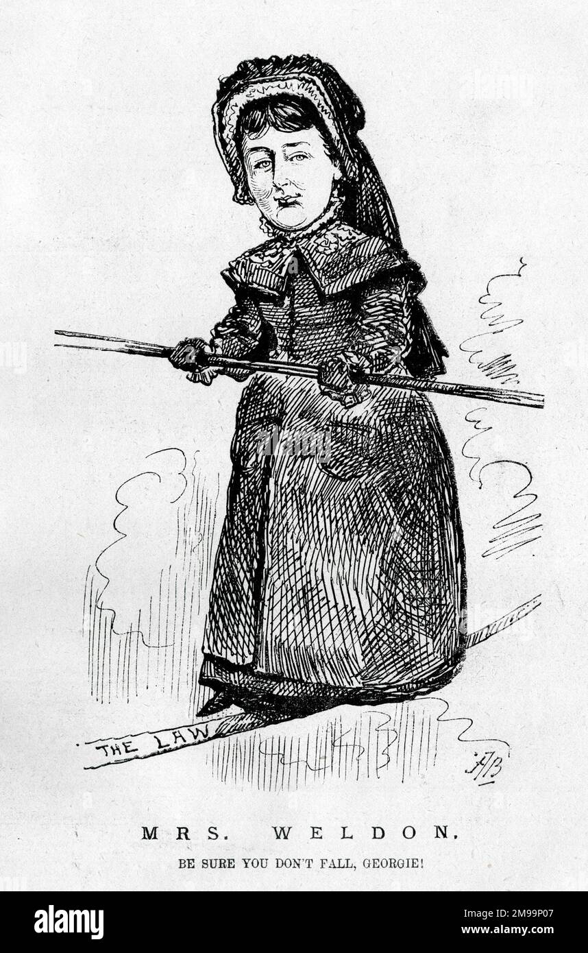 Cartoon, signora Weldon, in contenzioso di nuovo - sia sicuro che non cadete, Georgie! Georgina Weldon (1837-1914), cantante classica, è stata spesso coinvolta in cause legali e casi di diffamazione con altri, a volte con il risultato della sua prigionia. Foto Stock