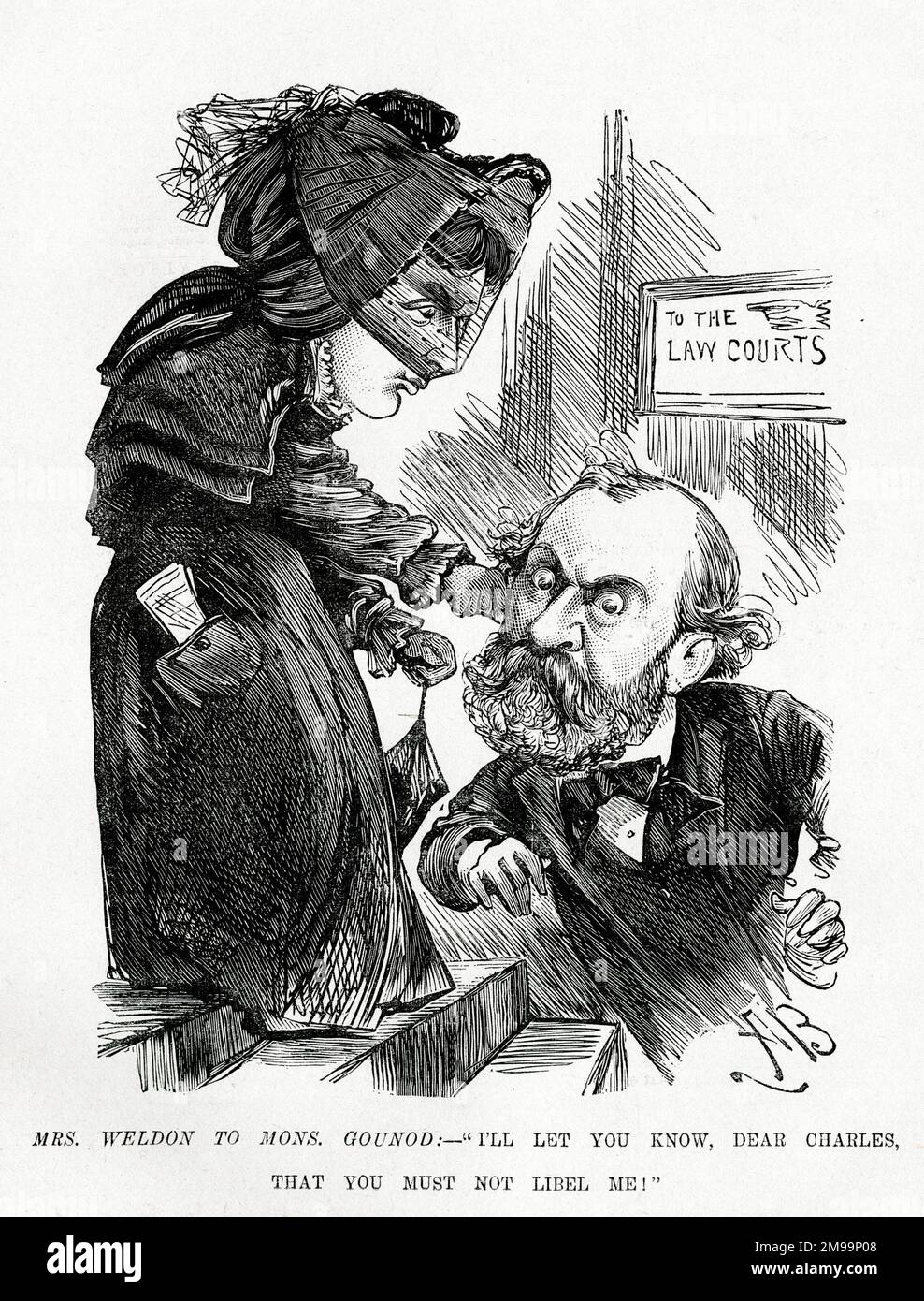 Cartone animato, onorevole Weldon a Monsieur Gounod - le faccio sapere, caro Charles, che non deve diffamarmi! Georgina Weldon (1837-1914), cantante classica, è stata spesso coinvolta in cause legali e casi di diffamazione con altri, a volte con il risultato della sua prigionia. Foto Stock