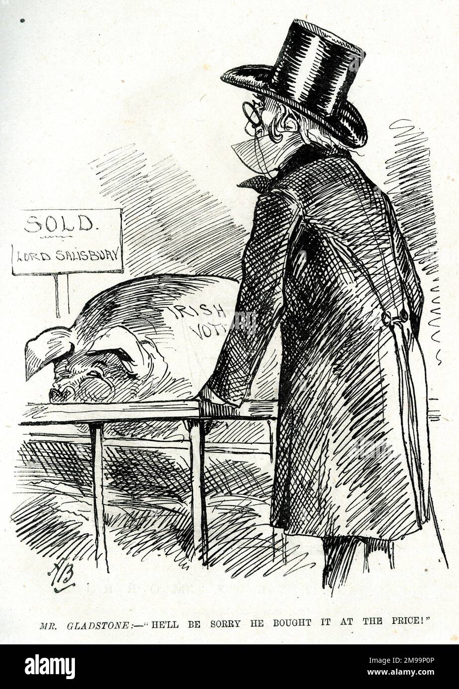 Cartoon, Gladstone e il voto irlandese - venduto a Lord Salisbury. Ci dispiace che l'abbia acquistato al prezzo! Foto Stock