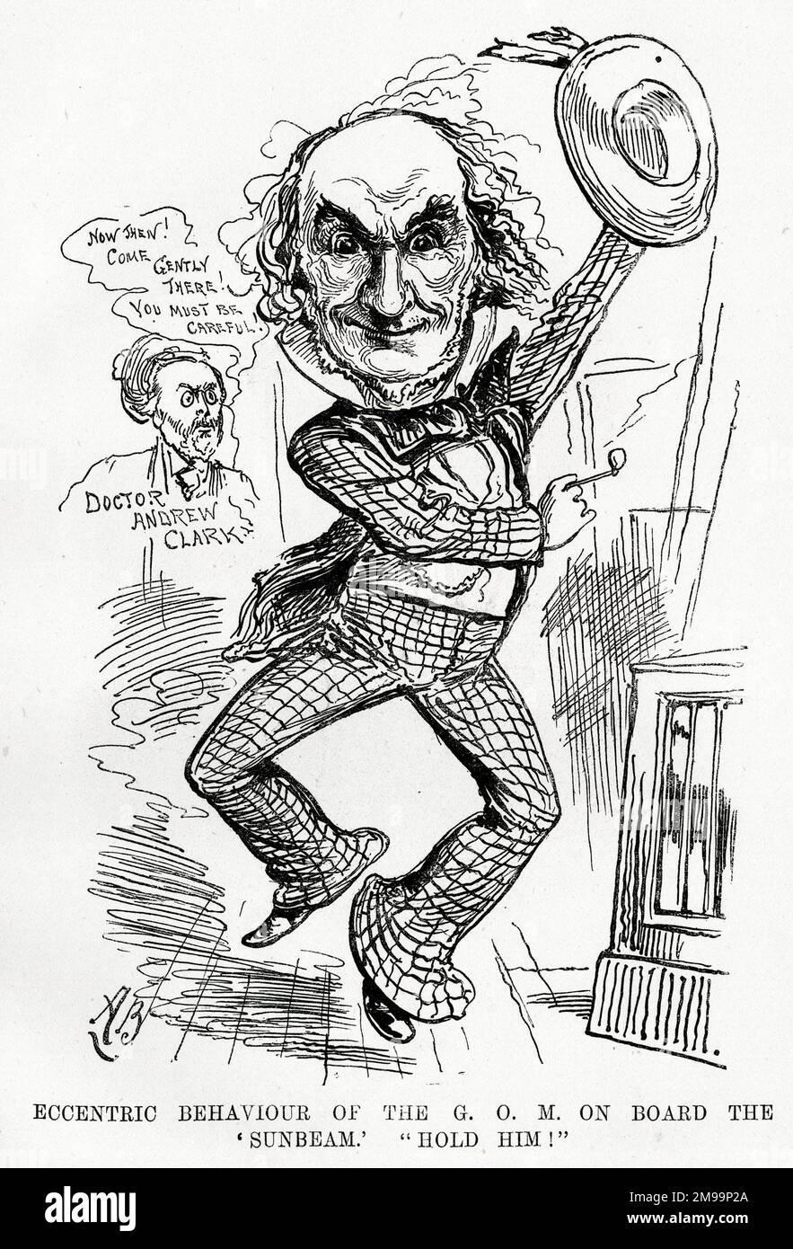 Cartoon, William Gladstone e il dottor Andrew Clark (il suo medico), eccentrico comportamento del GOM [Grand Old Man] a bordo del Sunbeam - tenerlo! Foto Stock