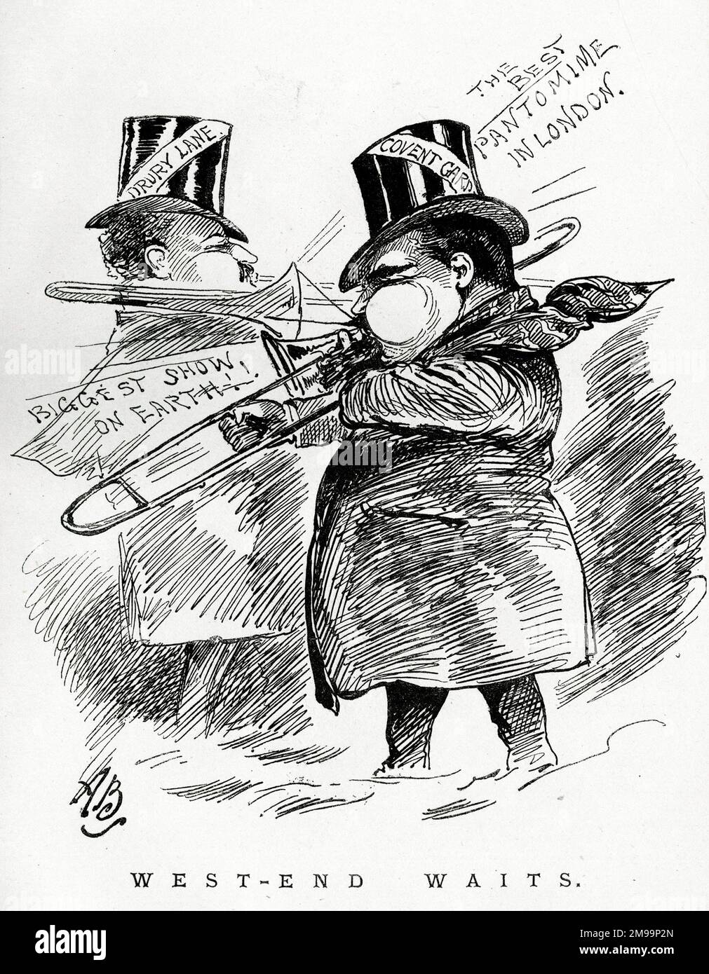 Cartoon, West-End aspetta, un riferimento ai pantomimi rivali a Drury Lane e Covent Garden Theatres, Londra. Foto Stock