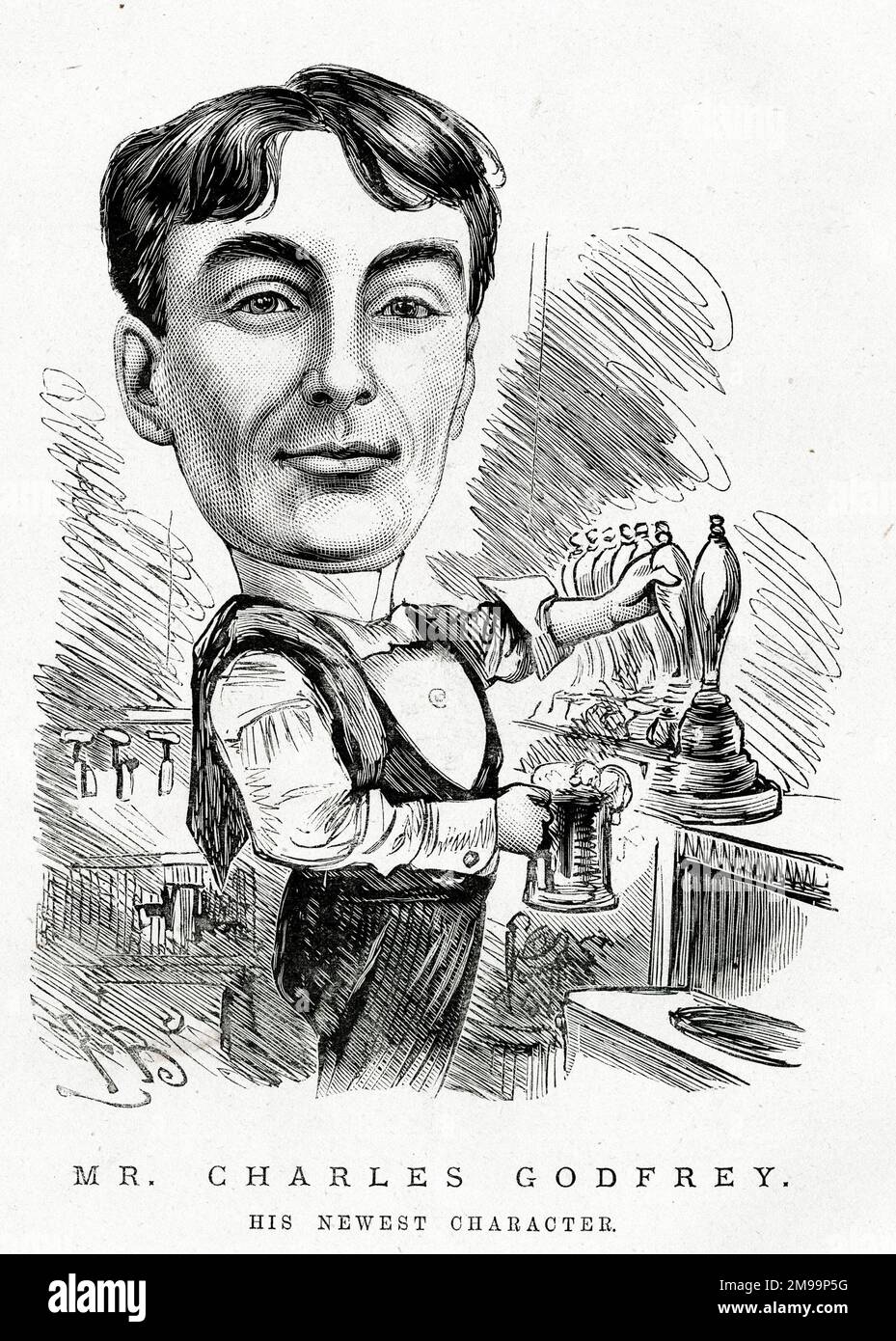 Ritratto di Cartoon, Charles Godfrey, cantante e cantautore di musica, visto qui come un barman - il suo più recente personaggio. Foto Stock