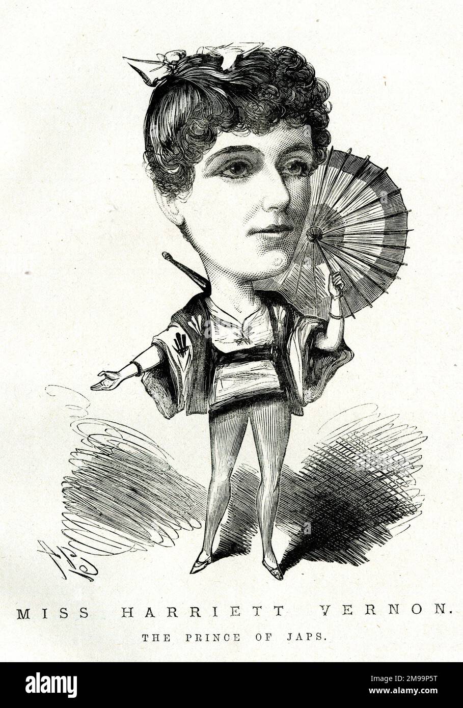 Cartoon, Miss Harriett Vernon (1858-1923), attrice e cantante inglese, come Campi nel jAPS, o il Daimio, una burlesque di Harry Paulton e Mostyn Teddea. Foto Stock