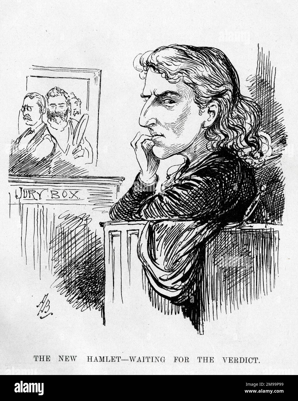 Cartoon, il nuovo Amleto - in attesa del verdetto - l'attore shakespeariano Wilson Barrett (1846-1904) attende le recensioni della sua nuova produzione a Si accomodi. Foto Stock