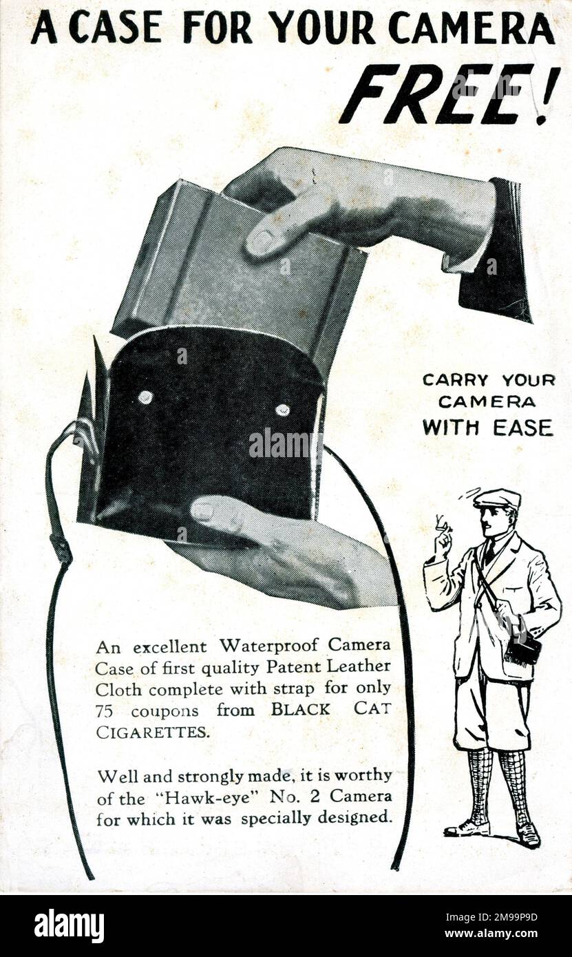 Advert, custodia gratuita per Hawk-eye Camera con coupon di sigarette Black Cat. Foto Stock
